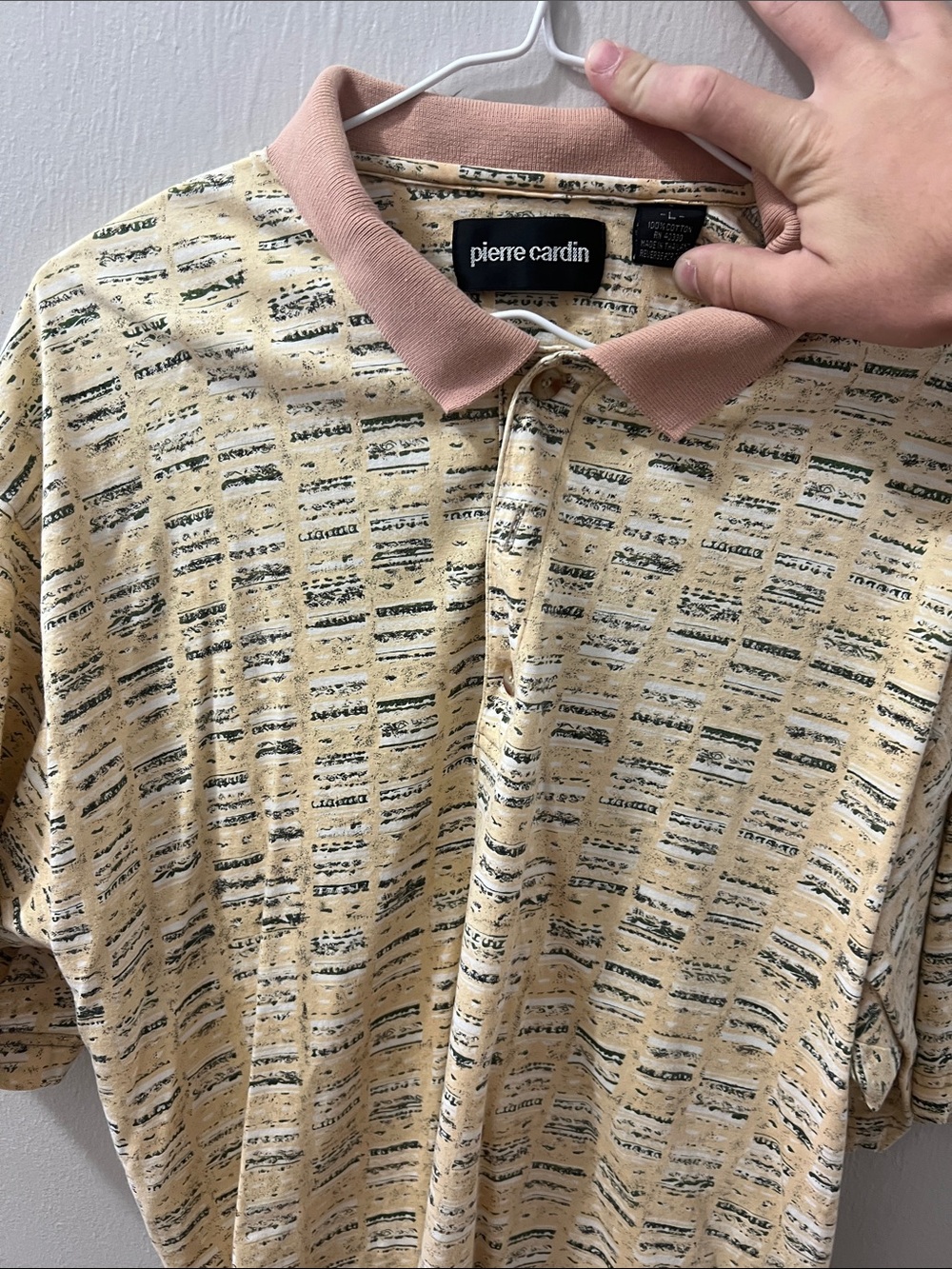 Pierre Cardin Beige Patterned Polo with Dusty Pink Collar